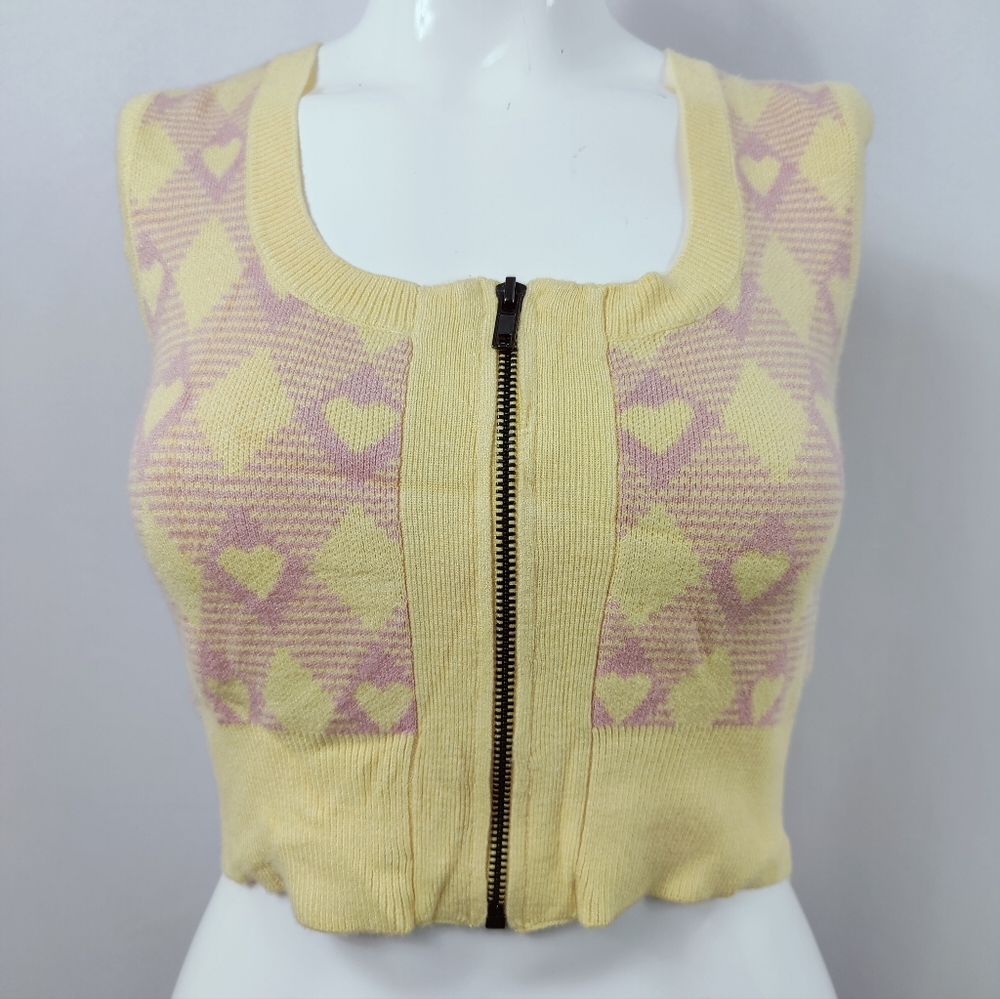 NWOT Sweet Republic Yellow & Pink Hearts Knitted Vest with Zipper Crop Top Sz S
